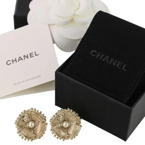 CHANEL Gold Pearl Logo Earrings